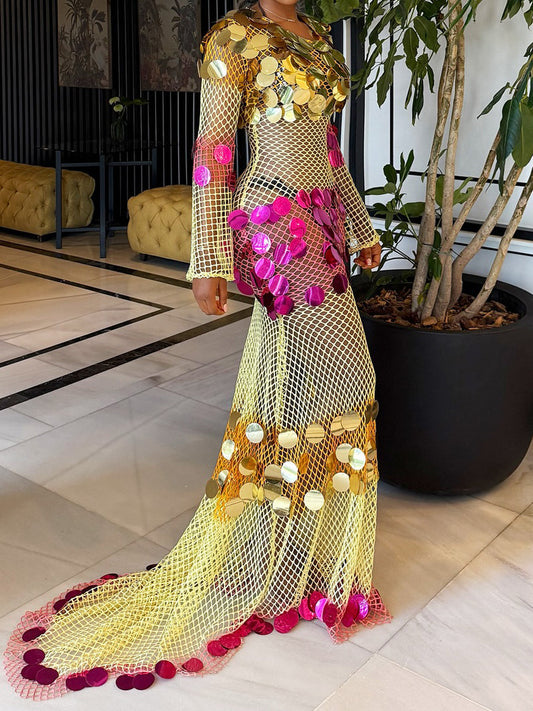 Fashion Sequined Hollowed Out Sexy Maxi Dress