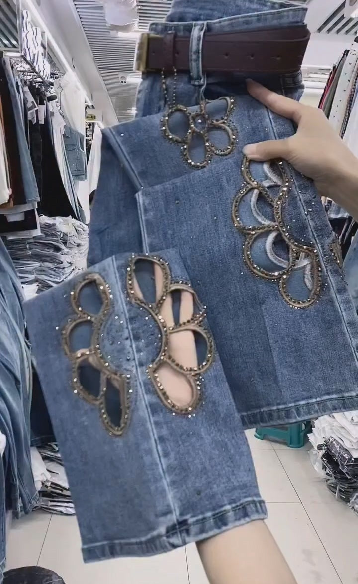 Floral Rhinestone Denim Jeans