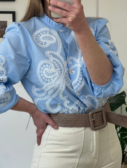 Chill Embroidered Wood-Edge Blouse