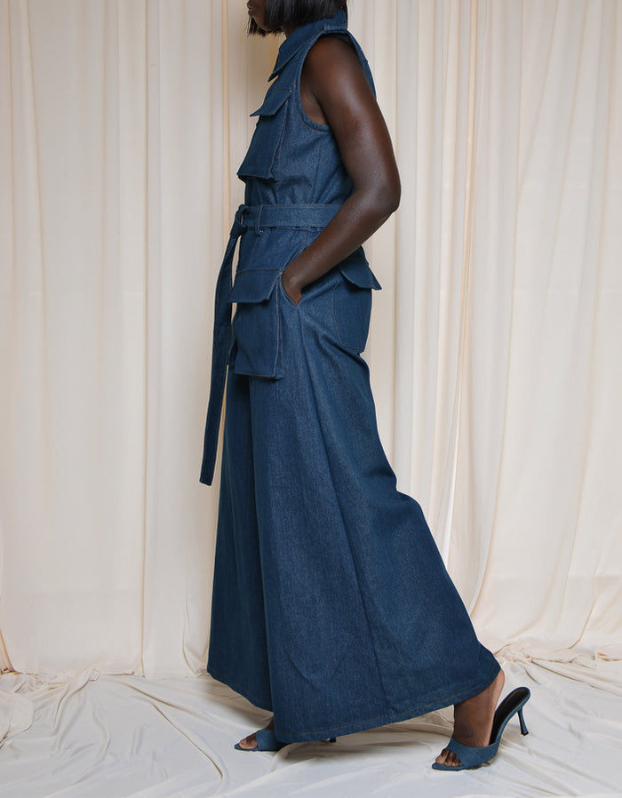 TAKEO Wide Leg Denim Jumpsuit