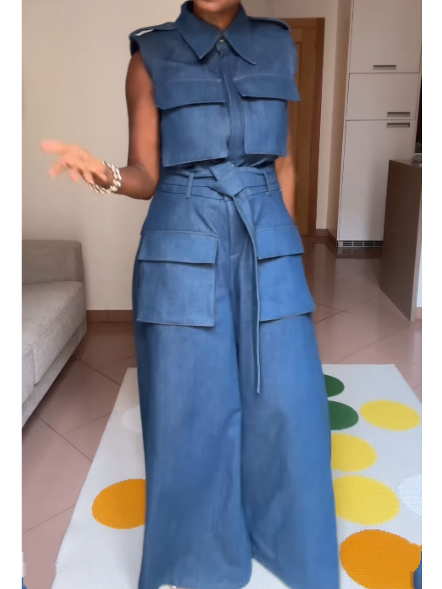TAKEO Wide Leg Denim Jumpsuit