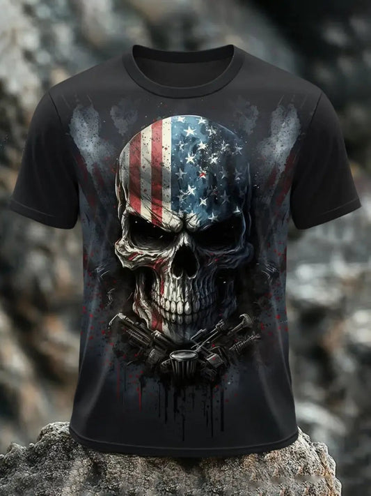 Men's Vintage Flag Skull Print Casual T-Shirt