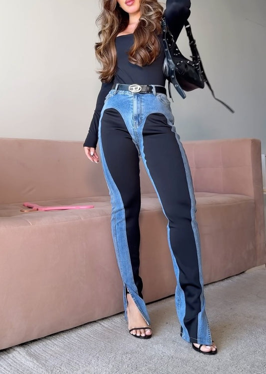Color-Blocked Patchwork Slim-Fit Denim Jeans