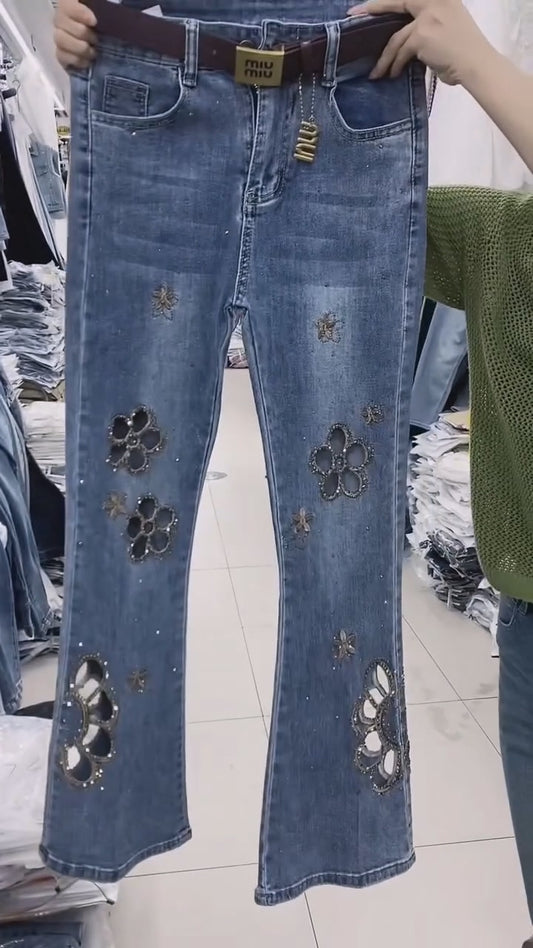 Floral Rhinestone Denim Jeans