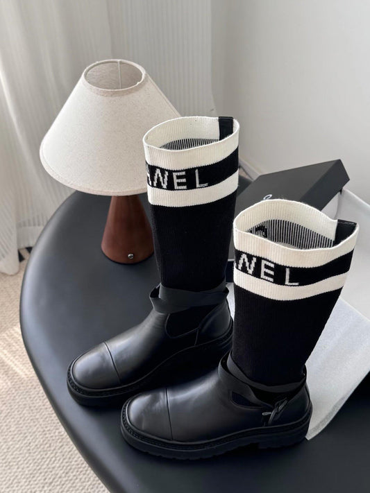 Black And White Technical Knit With Black Calfskin Boot
