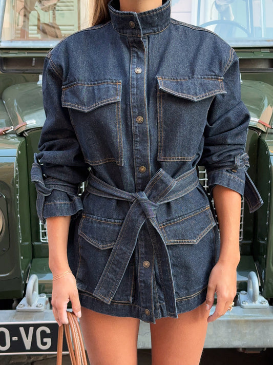 Stand Collar Denim Pockets Belted Jacket