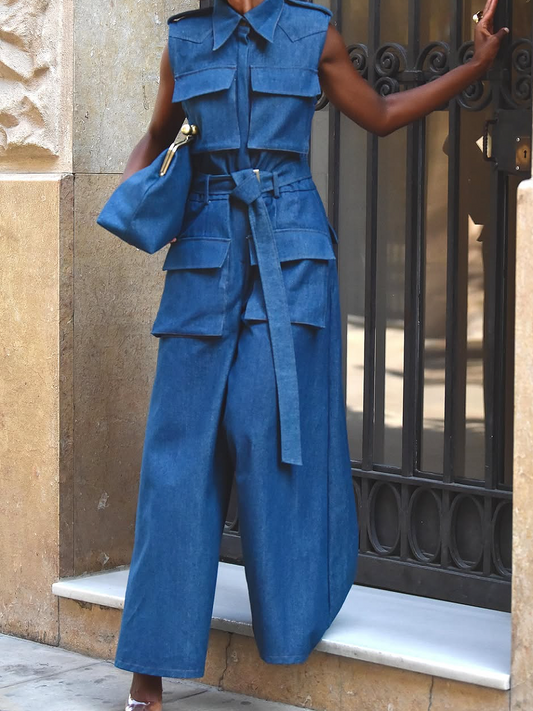 TAKEO Wide Leg Denim Jumpsuit