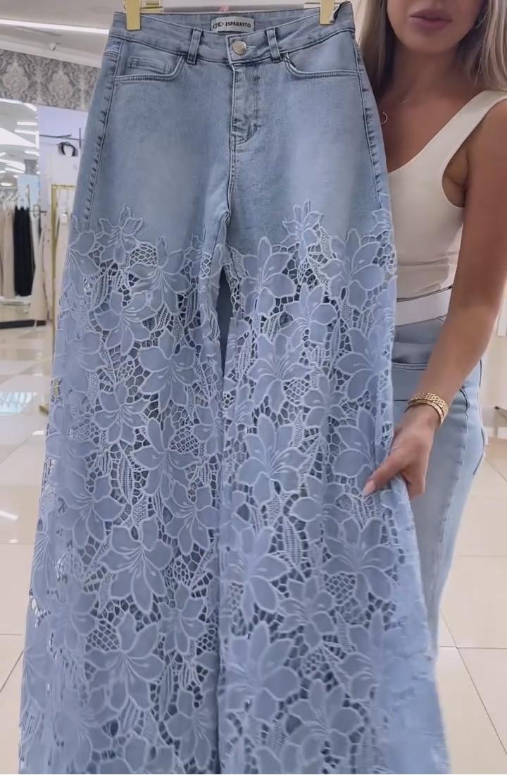 Women's Hollow Lace Wide Leg Jeans