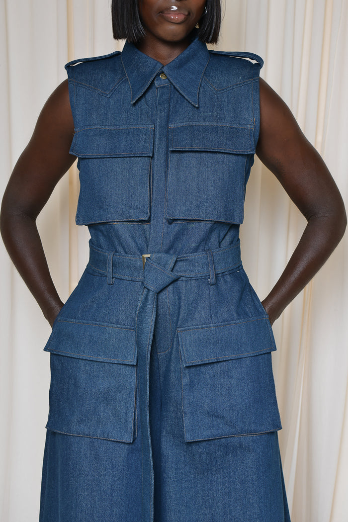 TAKEO Wide Leg Denim Jumpsuit